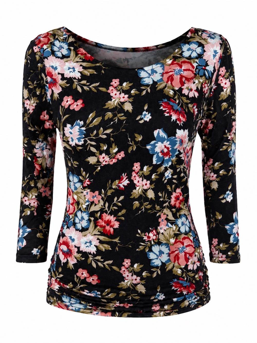 Black Floral Scoop Neck Women's Top